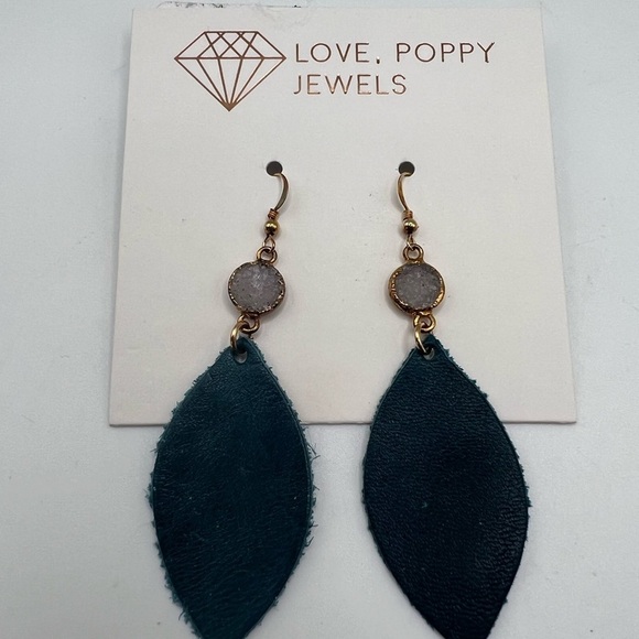 Love , Poppy Teal Green Leather Teardrop with Druzy Stone Earrings NEW - Picture 2 of 13